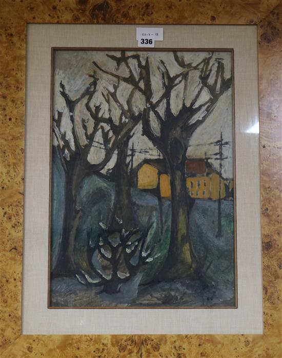 Italian School, oil on paper, study of trees in a house 48 x 34cm